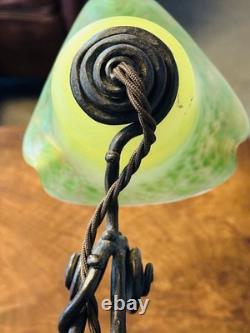 Antique French ART NOUVEAU 1910's Wrought Iron Lamp with green paste Glass Shade