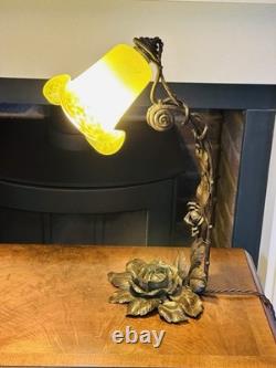 Antique French ART NOUVEAU 1910's Wrought Iron Lamp with green paste Glass Shade