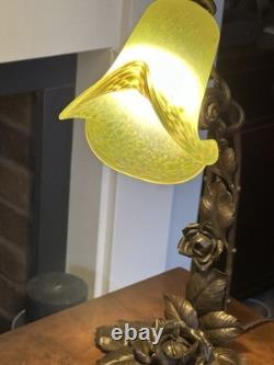 Antique French ART NOUVEAU 1910's Wrought Iron Lamp with green paste Glass Shade