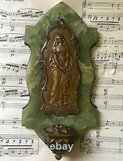 Antique French Art Nouveau Bronze Green Onyx Holy Water Font Virgin Mary c1910