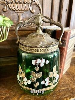 Antique French Art Nouveau Emerald Green Art Glass Bronze Biscuit Barrel