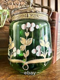 Antique French Art Nouveau Emerald Green Art Glass Bronze Biscuit Barrel