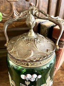 Antique French Art Nouveau Emerald Green Art Glass Bronze Biscuit Barrel