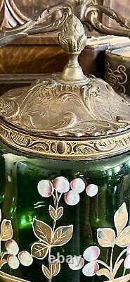 Antique French Art Nouveau Emerald Green Art Glass Bronze Biscuit Barrel