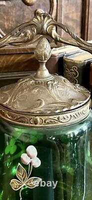 Antique French Art Nouveau Emerald Green Art Glass Bronze Biscuit Barrel
