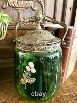 Antique French Art Nouveau Emerald Green Art Glass Bronze Biscuit Barrel