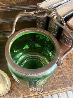 Antique French Art Nouveau Emerald Green Art Glass Bronze Biscuit Barrel