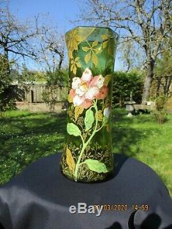 Antique French Art Nouveau Legras Montjoye Glass Green Enameled Vase Dahlia