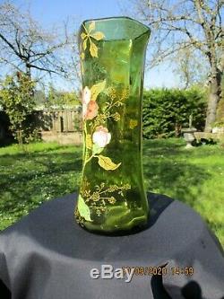 Antique French Art Nouveau Legras Montjoye Glass Green Enameled Vase Dahlia