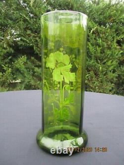 Antique French Art Nouveau Legras Montjoye Glass Green Enameled Vase Dahlia