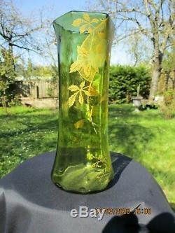 Antique French Art Nouveau Legras Montjoye Glass Green Enameled Vase Dahlia