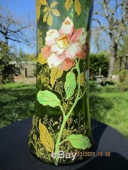 Antique French Art Nouveau Legras Montjoye Glass Green Enameled Vase Dahlia