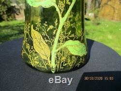 Antique French Art Nouveau Legras Montjoye Glass Green Enameled Vase Dahlia