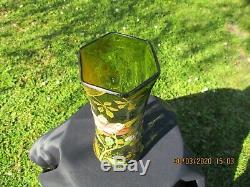 Antique French Art Nouveau Legras Montjoye Glass Green Enameled Vase Dahlia