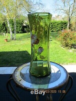 Antique French Art Nouveau Legras Montjoye Glass Green Enameled Vase Dahlia