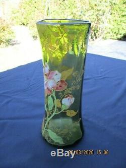 Antique French Art Nouveau Legras Montjoye Glass Green Enameled Vase Dahlia