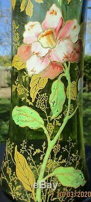 Antique French Art Nouveau Legras Montjoye Glass Green Enameled Vase Dahlia