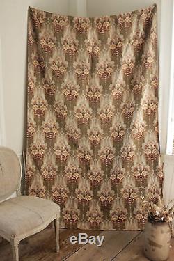 Antique French Art Nouveau fabric curtain panel green material drape with rings