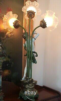 Antique French BRONZE LAMP Auguste Moreau Style BOY WithFLUTE 3 Arms PARIS FRANCE