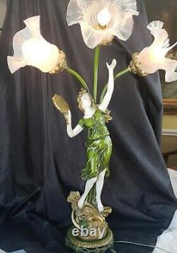 Antique French BRONZE LAMP Auguste Moreau Style Lady Musical 3 Arms PARIS FRANCE