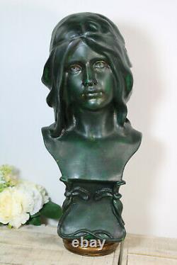 Antique French Chalkware green patina bust statue art nouveau lady