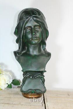 Antique French Chalkware green patina bust statue art nouveau lady