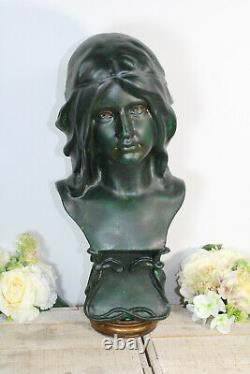 Antique French Chalkware green patina bust statue art nouveau lady