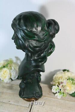 Antique French Chalkware green patina bust statue art nouveau lady