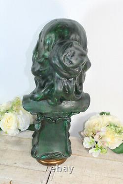 Antique French Chalkware green patina bust statue art nouveau lady