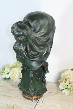 Antique French Chalkware green patina bust statue art nouveau lady