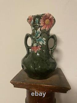Antique French Majolica Art Nouveau Vase 11 1/2 Daisy Georges Martel 1895 Green