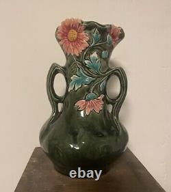 Antique French Majolica Art Nouveau Vase 11 1/2 Daisy Georges Martel 1895 Green