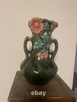 Antique French Majolica Art Nouveau Vase 11 1/2 Daisy Georges Martel 1895 Green