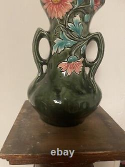 Antique French Majolica Art Nouveau Vase 11 1/2 Daisy Georges Martel 1895 Green