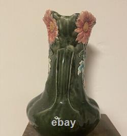 Antique French Majolica Art Nouveau Vase 11 1/2 Daisy Georges Martel 1895 Green
