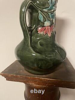 Antique French Majolica Art Nouveau Vase 11 1/2 Daisy Georges Martel 1895 Green