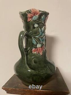 Antique French Majolica Art Nouveau Vase 11 1/2 Daisy Georges Martel 1895 Green