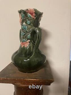 Antique French Majolica Art Nouveau Vase 11 1/2 Daisy Georges Martel 1895 Green