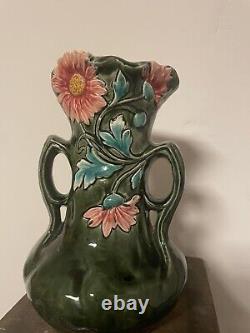Antique French Majolica Art Nouveau Vase 11 1/2 Daisy Georges Martel 1895 Green