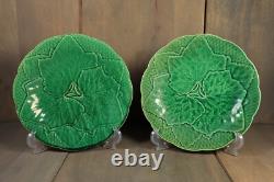Antique French Majolica Plate PAIR Leaves Art Nouveau GIEN Green Signed