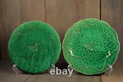 Antique French Majolica Plate PAIR Leaves Art Nouveau GIEN Green Signed