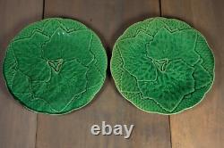 Antique French Majolica Plate PAIR Leaves Art Nouveau GIEN Green Signed