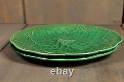 Antique French Majolica Plate PAIR Leaves Art Nouveau GIEN Green Signed