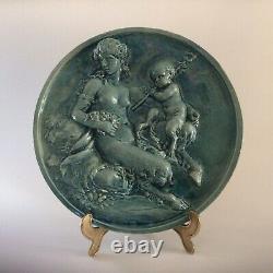 Antique French Majolica Wall Charger/Plaque By Clement Massier Cherub And Satr