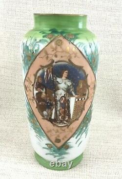 Antique French Opaline Art Glass Portrait Vase Joan of Arc Enamelled Green