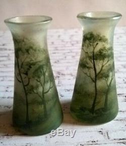 Antique French Pair of Art Glass Miniature Vases 1/8 Green Trees / Doll Scale