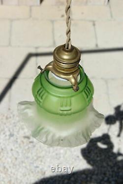 Antique French bronze putti angel green glass shade art nouveau chandelier lamp