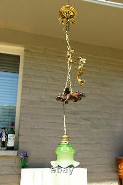 Antique French bronze putti angel green glass shade art nouveau chandelier lamp