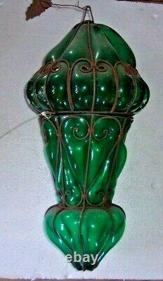 Antique GREEN Art Nouveau HAND BLOWN Ceiling Light Fixture L-1800s-E-1900s 22