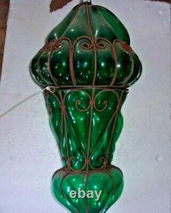 Antique GREEN Art Nouveau HAND BLOWN Ceiling Light Fixture L-1800s-E-1900s 22